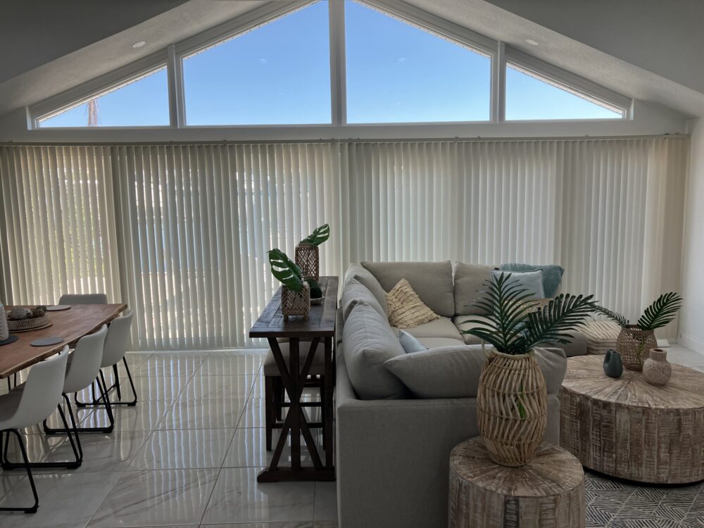 vertical blinds beach house living room